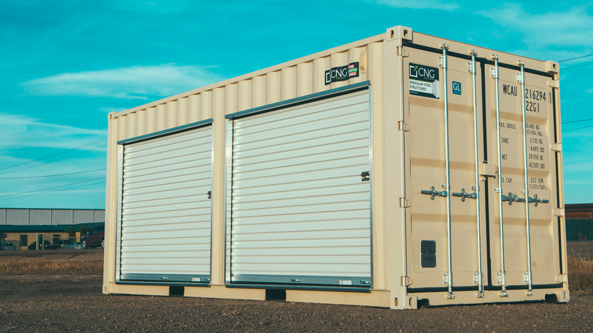 Exterior of container with two garage doors on one side