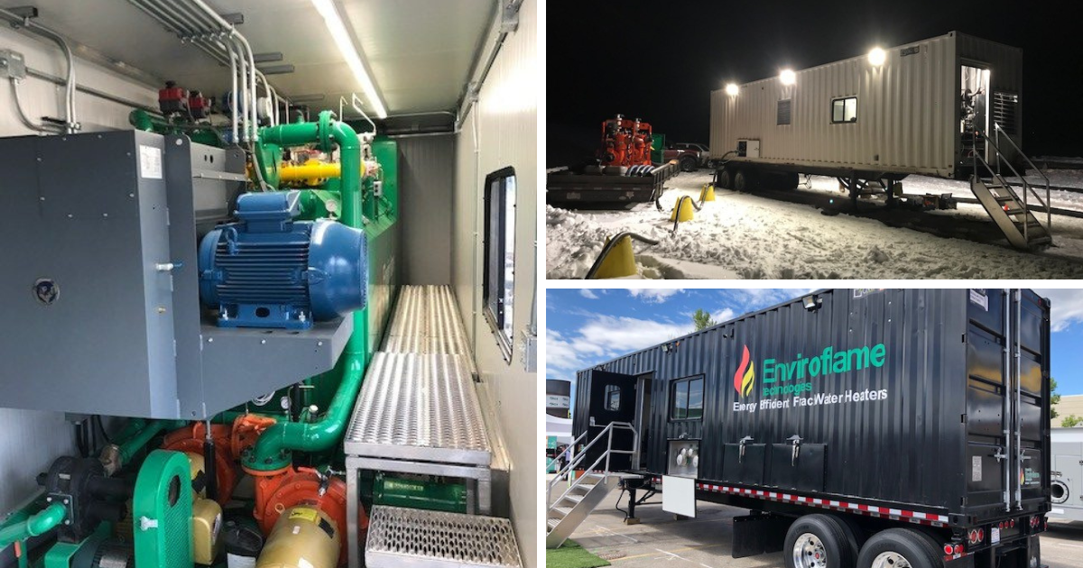 Left: inside of container showing motors and other mechanicals. top-right: Exterior of container at night with hoses and mechanical equipment beside it. Bottom-right: Exterior of black Enviroflame container on top of trailer