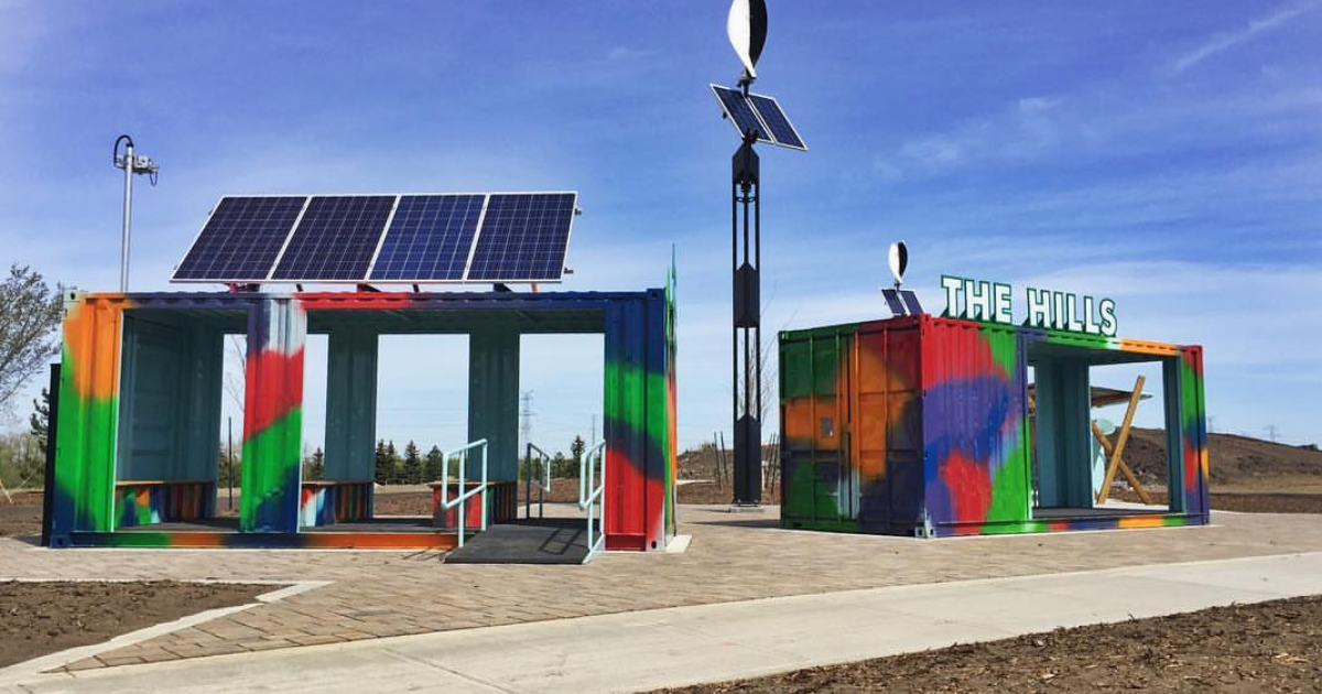Colourful containers with solar panels on top