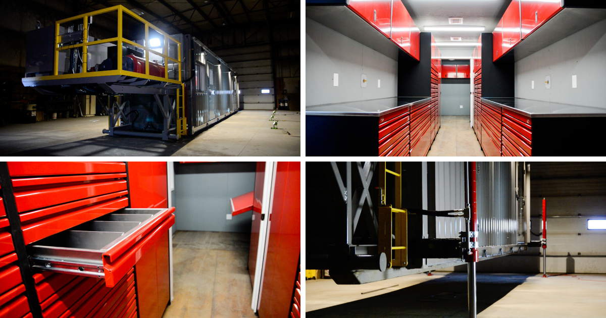 Top-left: Exterior of container with mechanical equipment connected to side. Bottom-left: Red tool cribs with one drawer open. Top-right: Multiple red tool cribs inside of container with work benches. Bottom-right: Corner of container on top of hydraulic lift