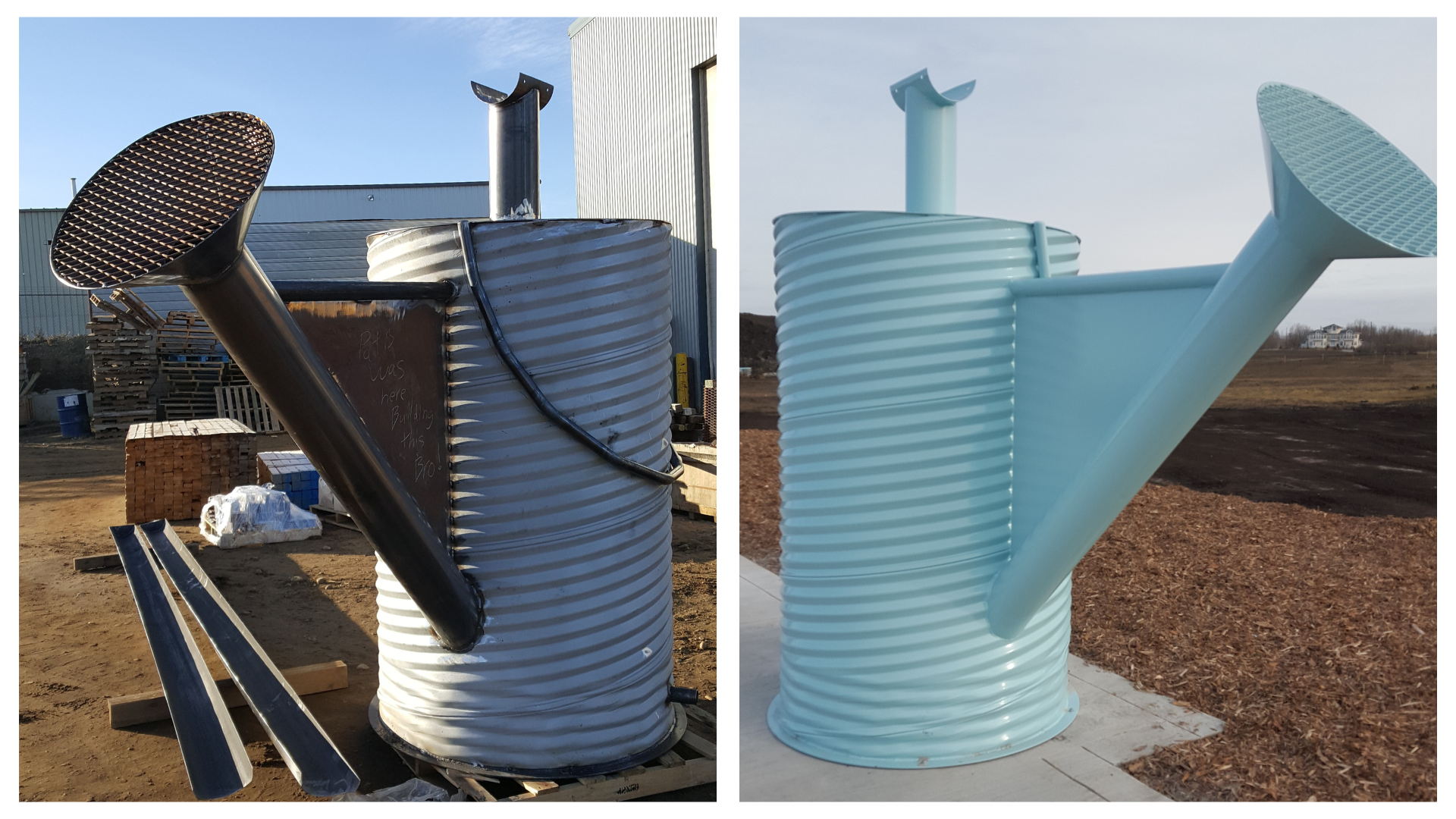 Two pictures of large metal watering can with one painted blue