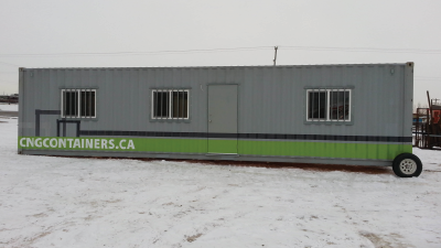 Exterior of container with 3 windows and on door and CNG containers website on container
