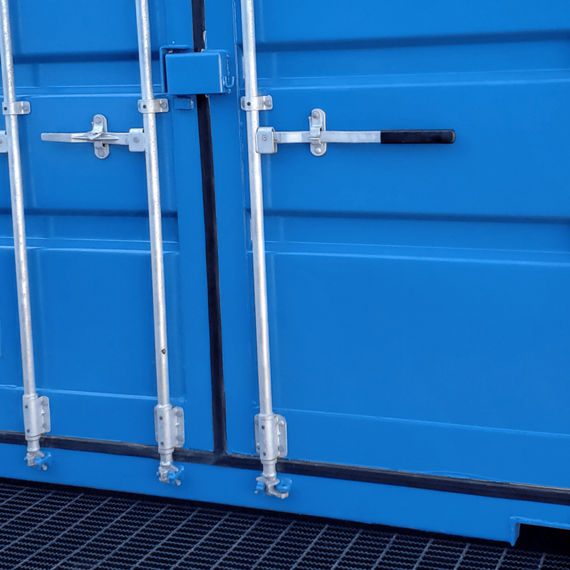 Close-up of doors on a blue container