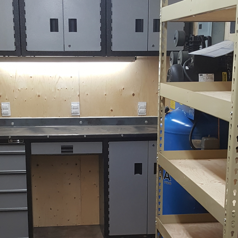 Inside of container with tool crib and shelves